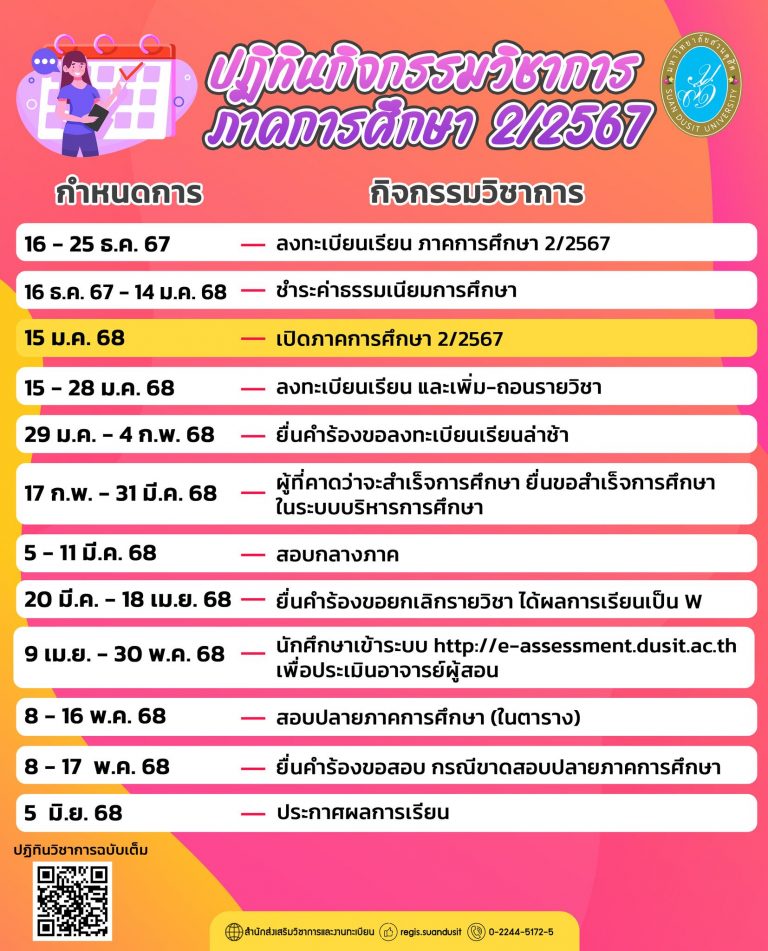 ปฏิทินกิจกรรมวิชาการ ภาคการศึกษา 2/2567 (เปิดภาคการศึกษา 15 ม.ค. 2568)